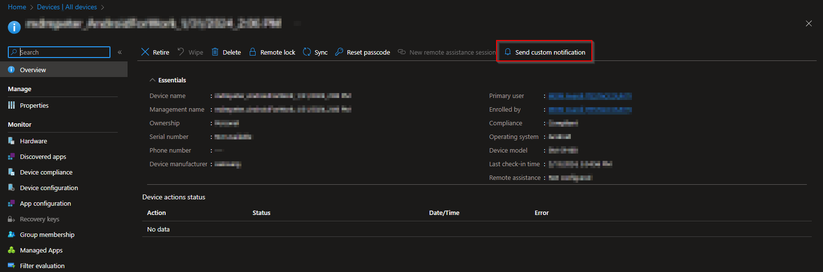 Send Custom Notification device action